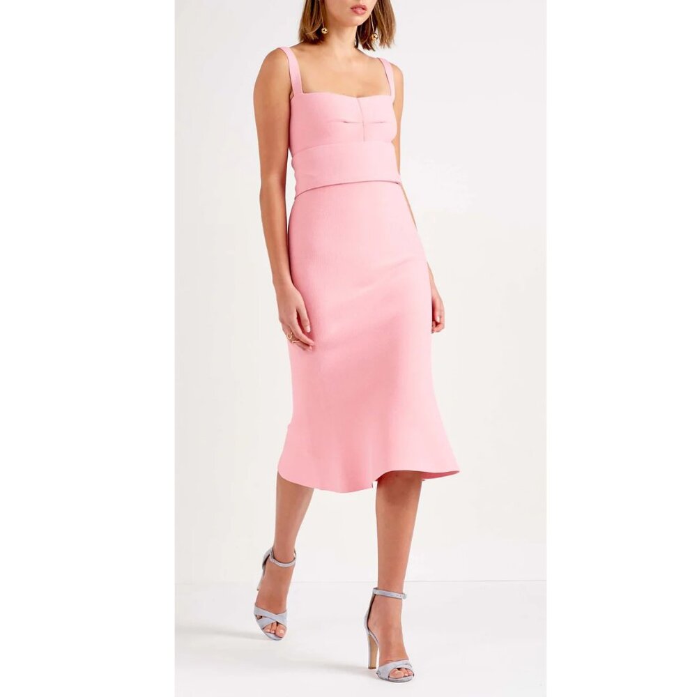 Scanlan Theodore Pink Crepe Knit Bralette Fit Flare Structured Belted Midi Dress
